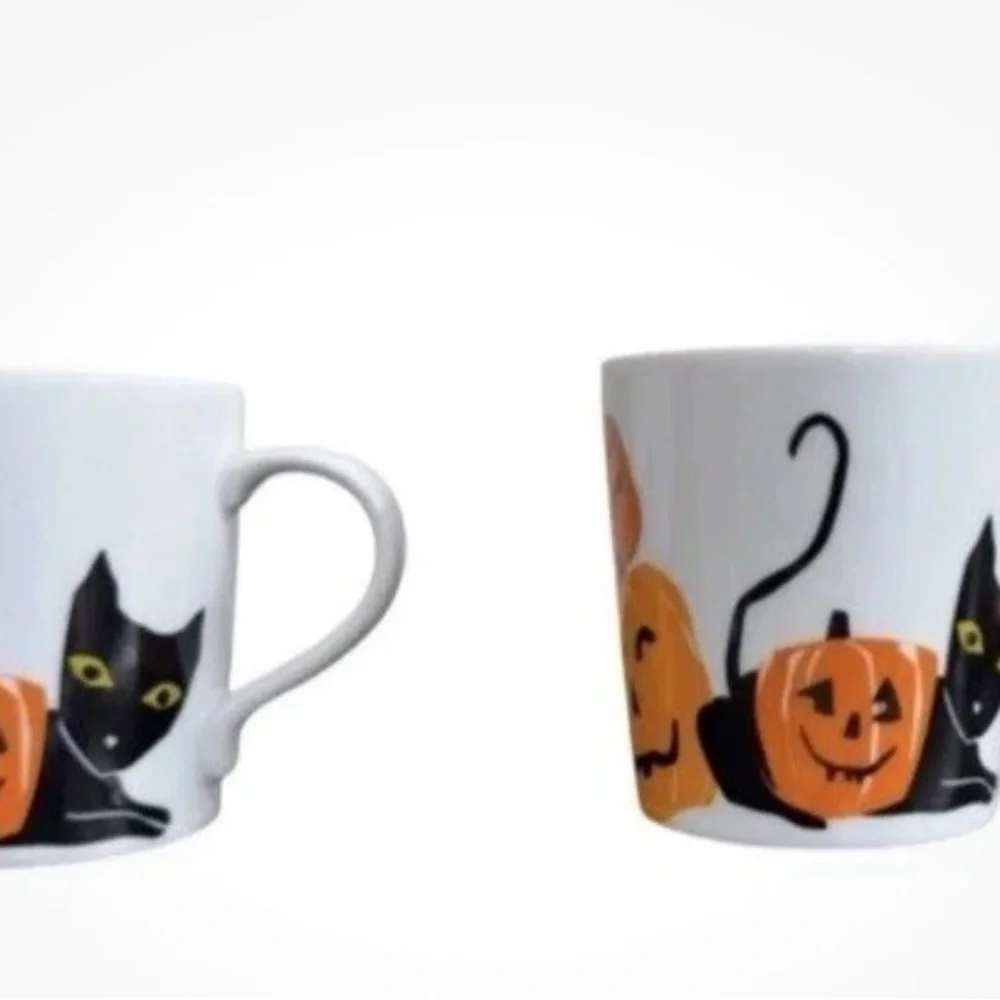 Crate & Barrel Halloween Mug Set Black Cat Pumpkin Demitasse Espresso Cups
